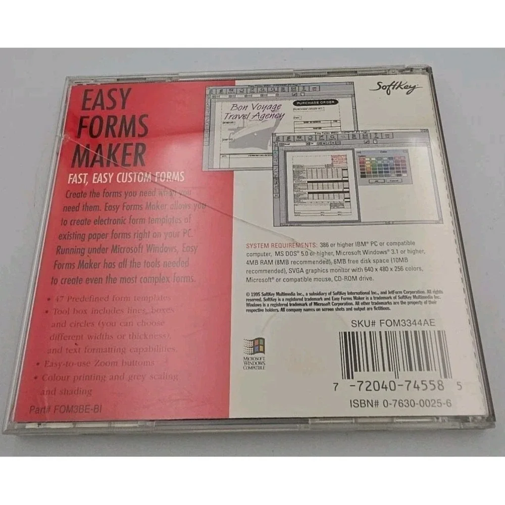 Softkey Easy Forms Maker PC 1995 Microsoft Windows Vintage Software FOM3344AE